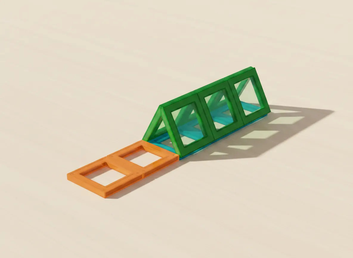 A render of a-frame cabin built from translucent magnetic tiles