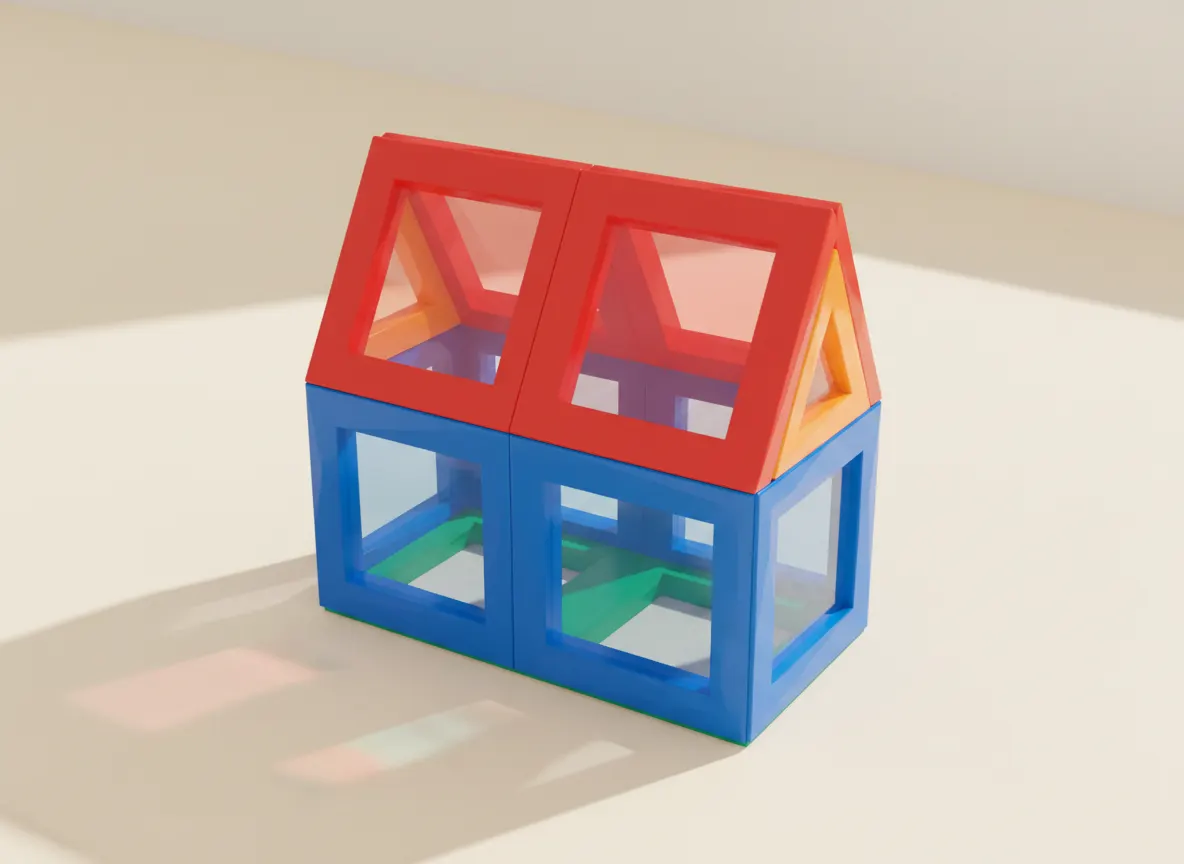 A render of a-frame garage built from translucent magnetic tiles