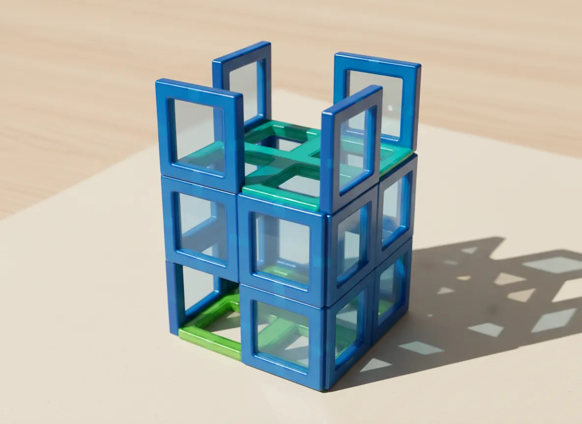 A render of battlement keep built from translucent magnetic tiles