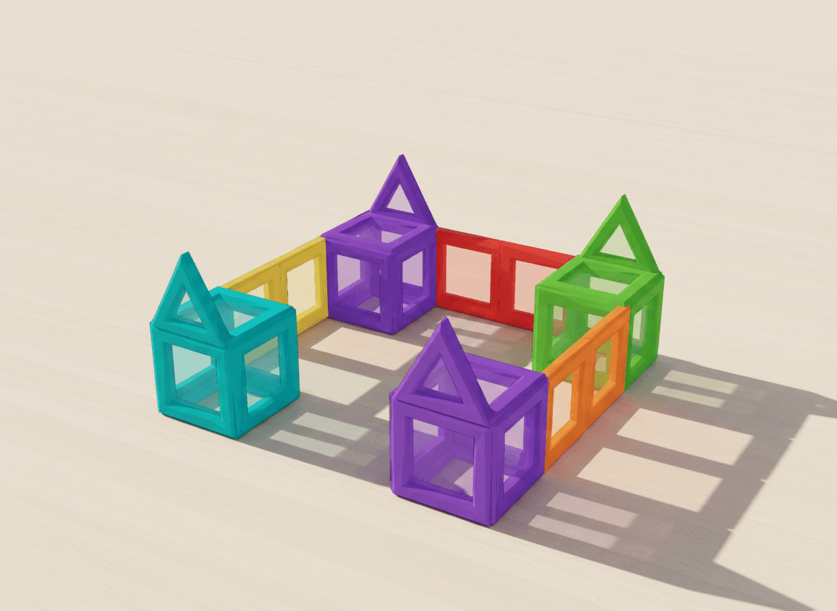 A render of castle with corner towers built from translucent magnetic tiles