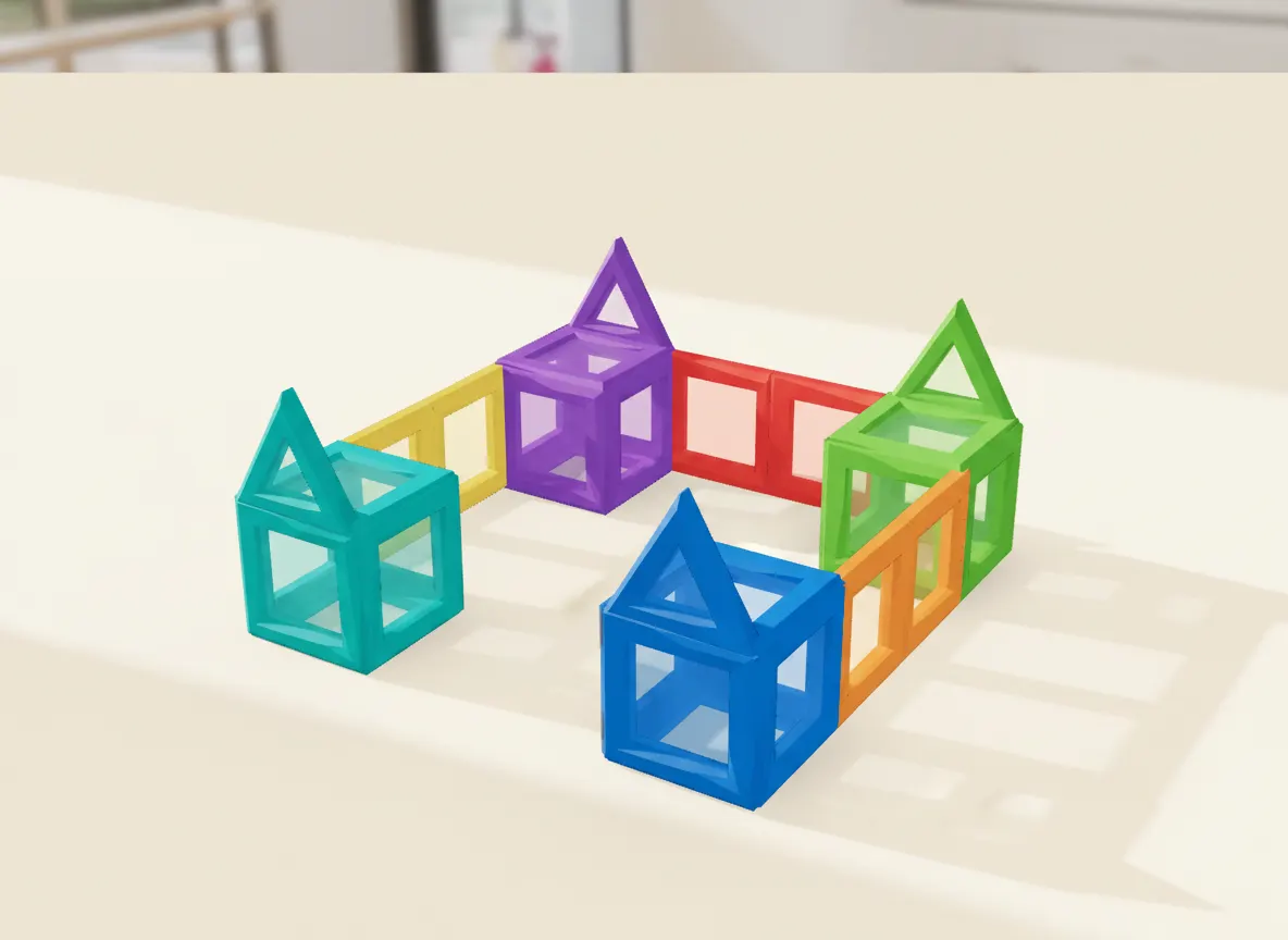 A render of castle with corner towers built from translucent magnetic tiles