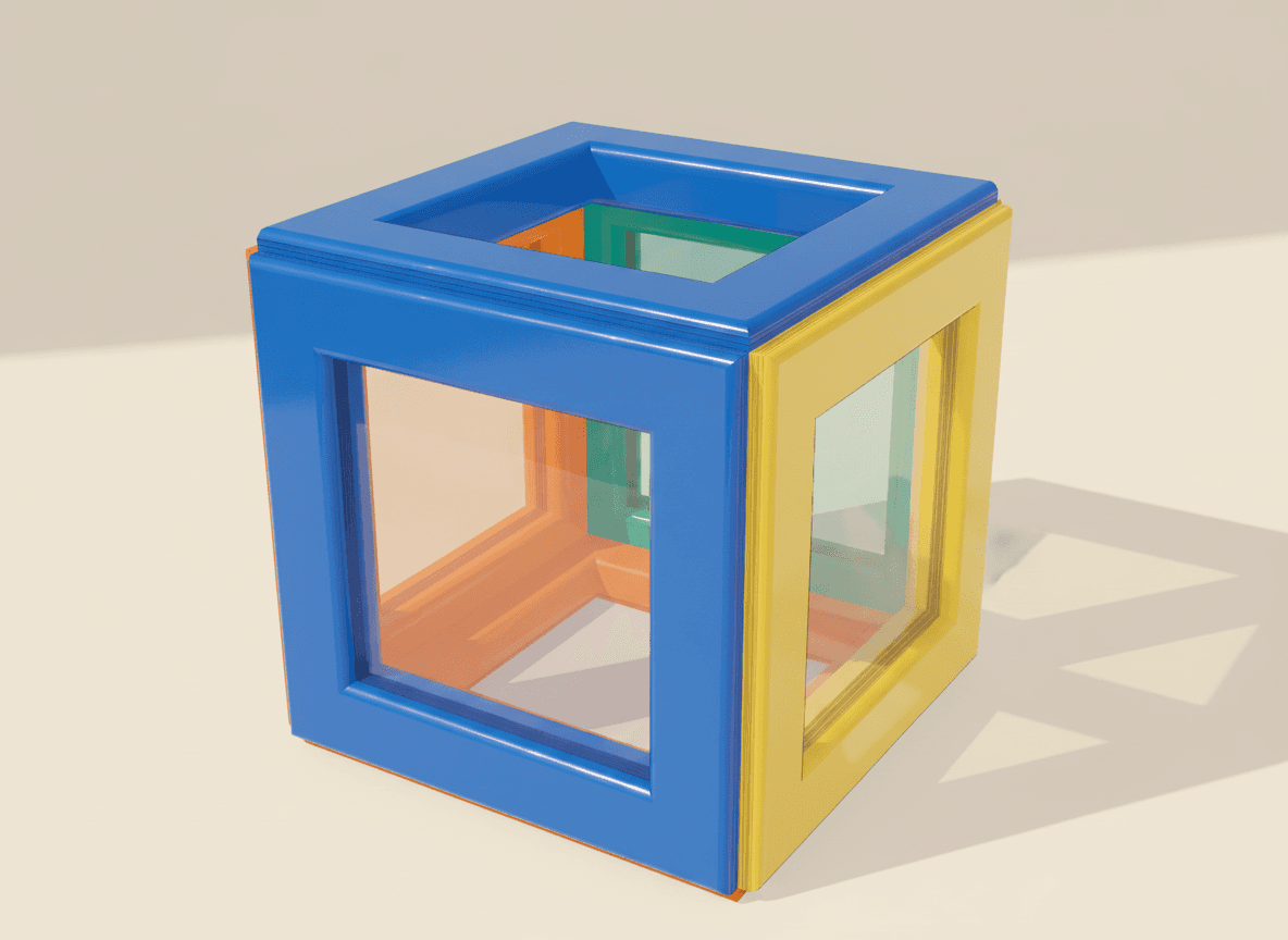 A render of the cube built from translucent magnetic tiles