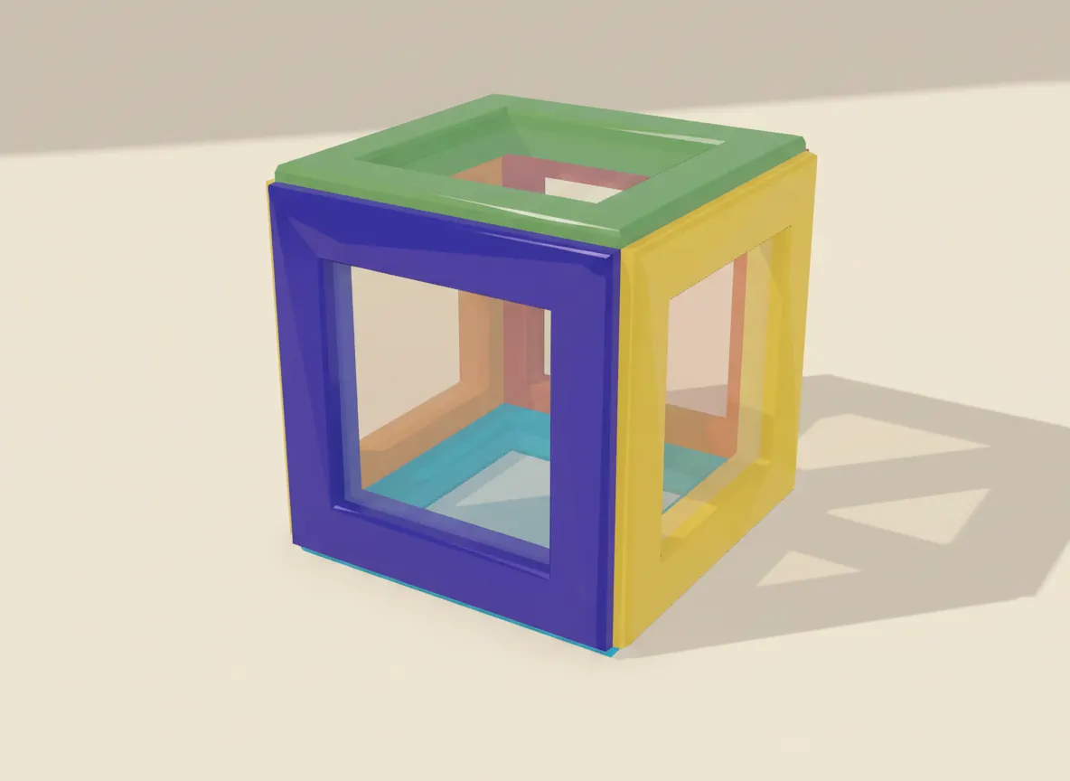 A render of the cube built from translucent magnetic tiles