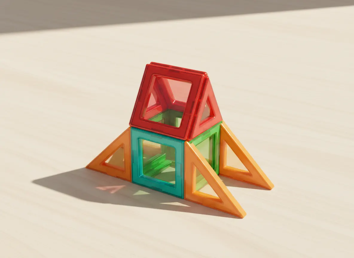 A render of rocket with fins built from translucent magnetic tiles