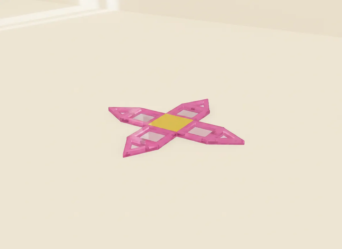A render of flat daisy flower built from translucent magnetic tiles