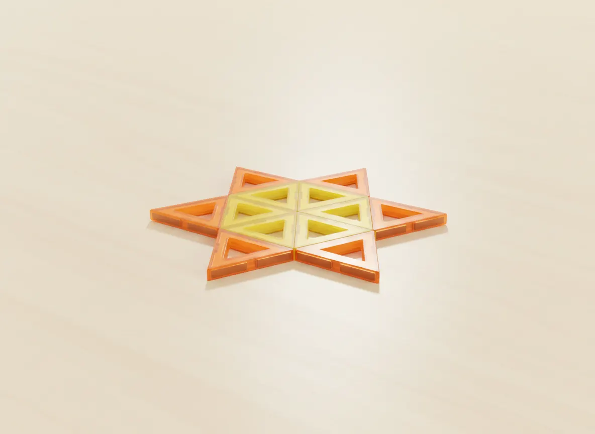 A render of flat sunburst built from translucent magnetic tiles