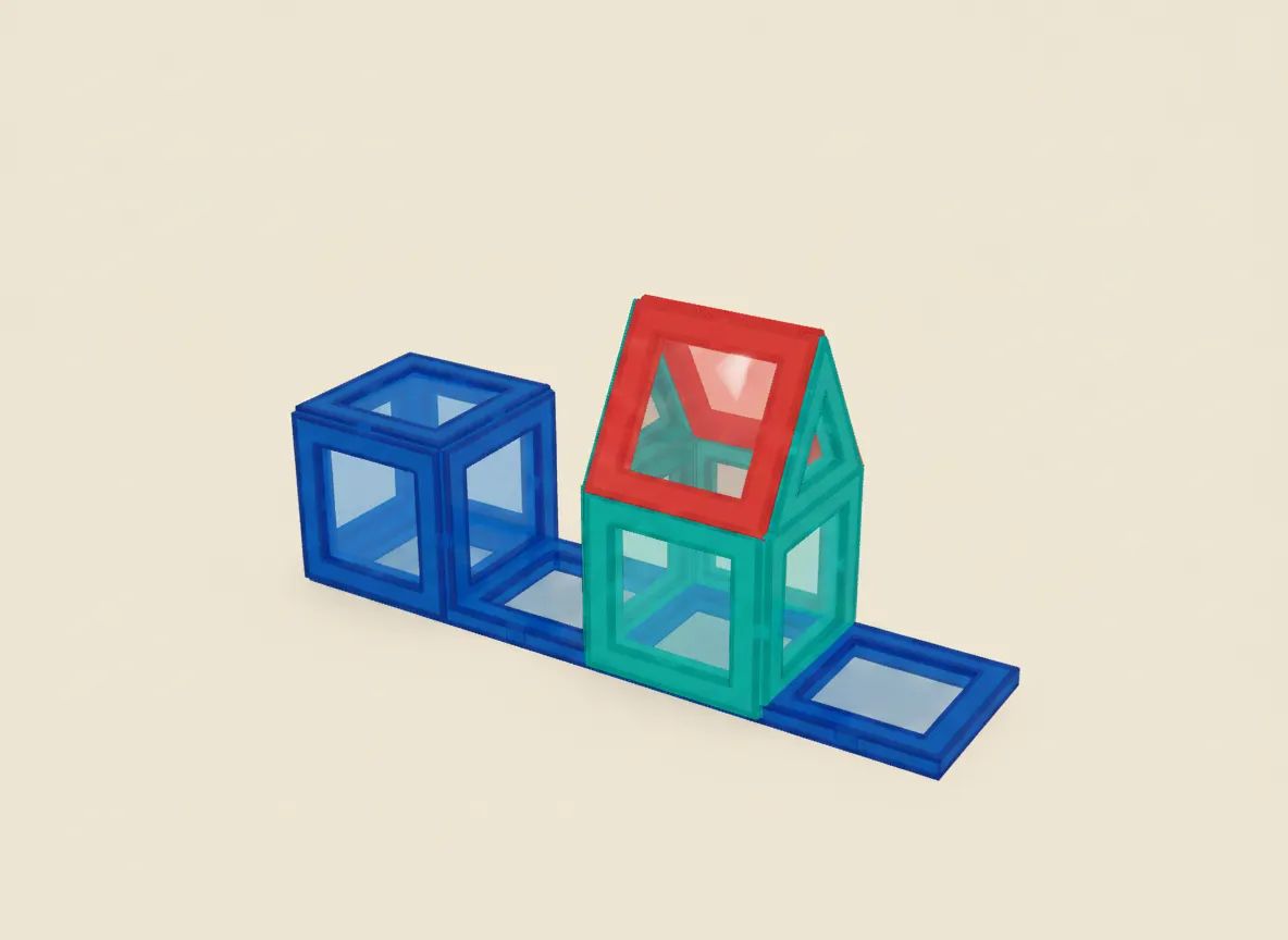 A render of flatbed truck built from translucent magnetic tiles