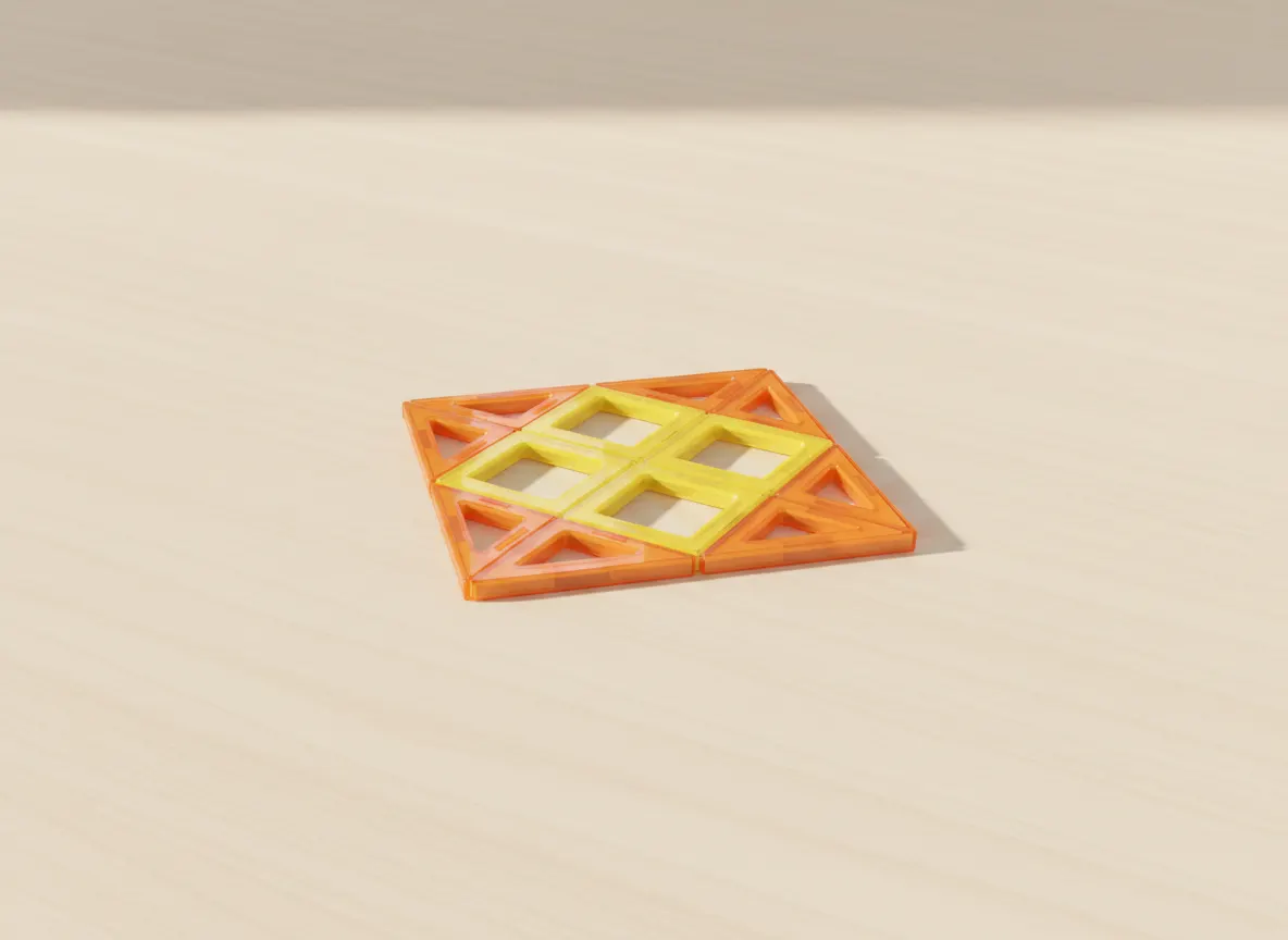 A render of four-point sparkle star built from translucent magnetic tiles