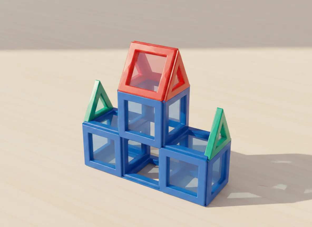 A render of gatehouse with a peaked roof built from translucent magnetic tiles