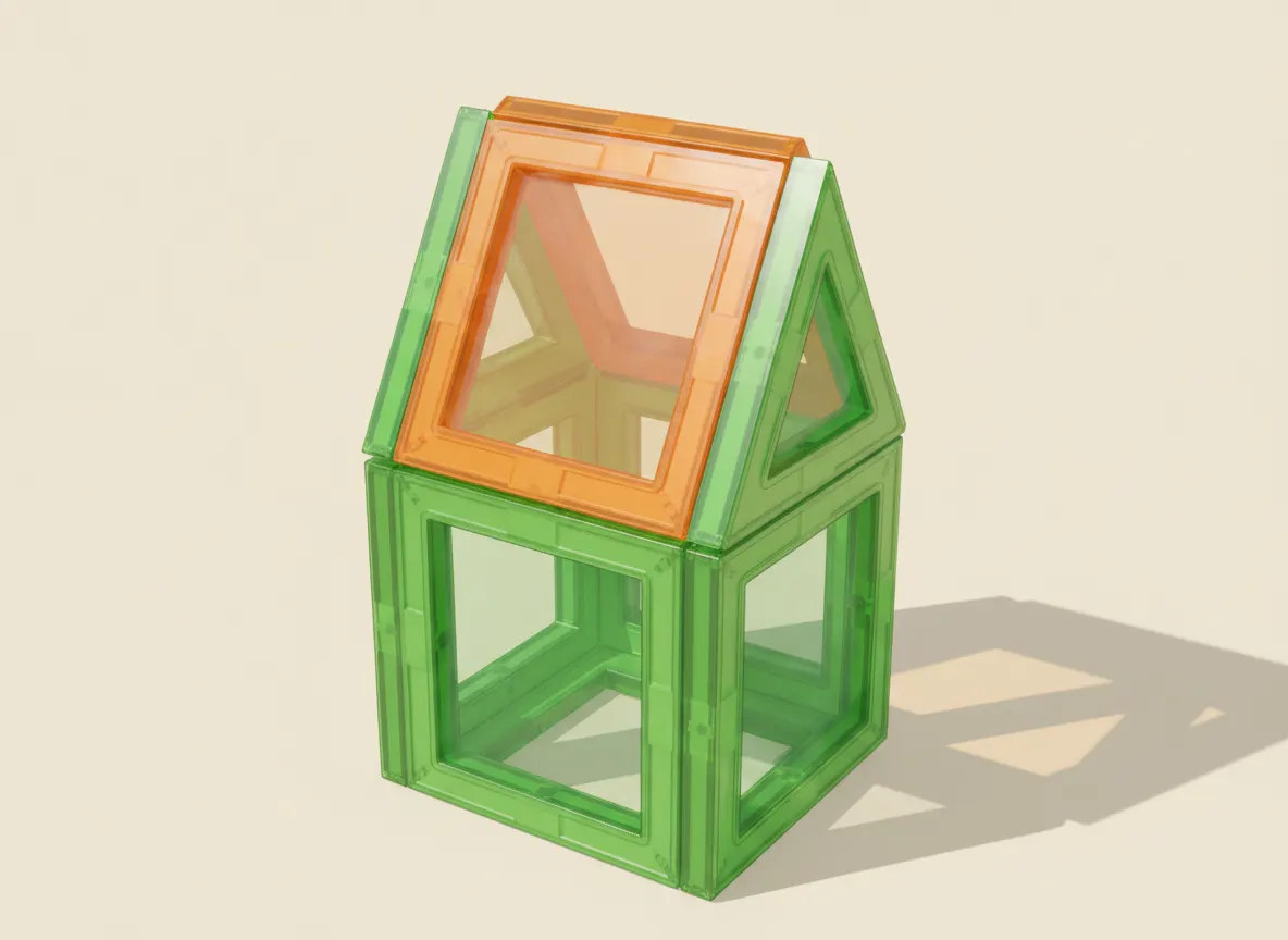 A render of lean-to shed built from translucent magnetic tiles