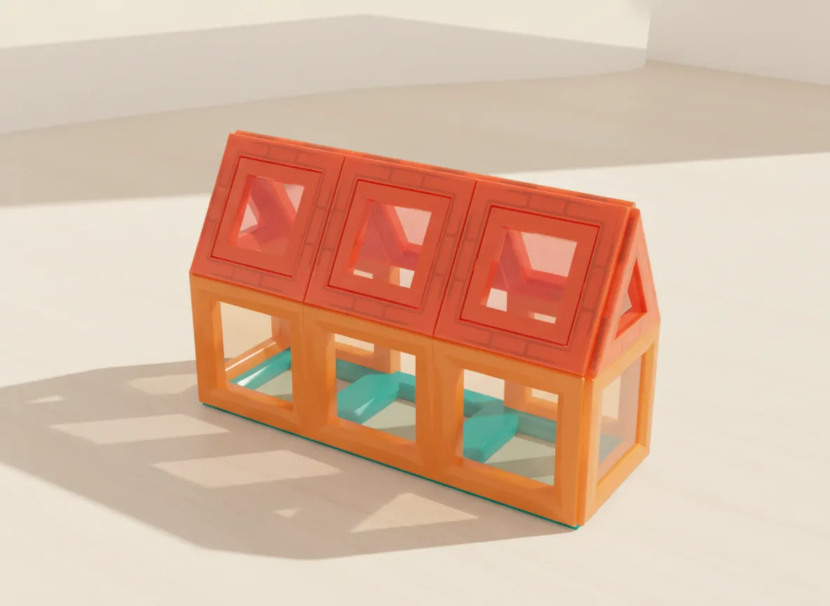 A render of long cabin built from translucent magnetic tiles