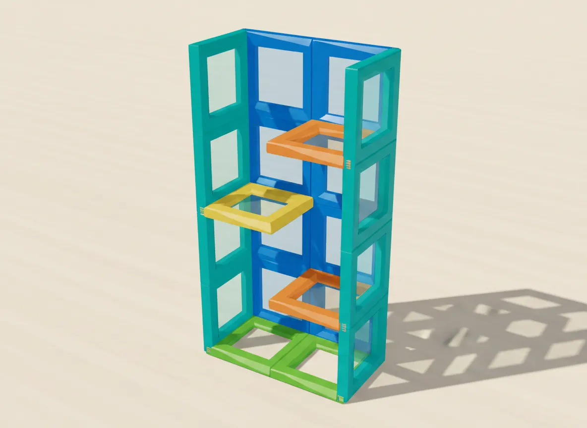 A render of marble run tower built from translucent magnetic tiles