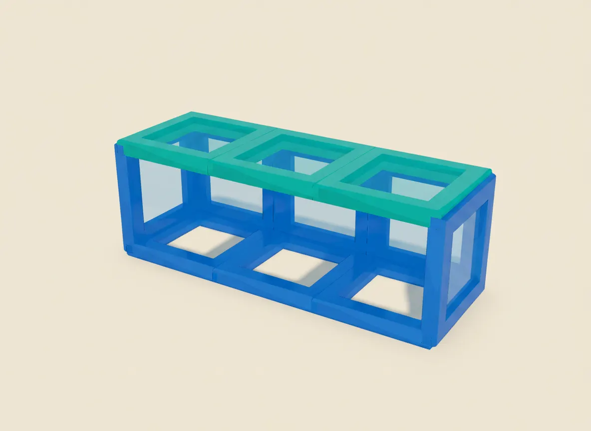 A render of open machinery shed built from translucent magnetic tiles