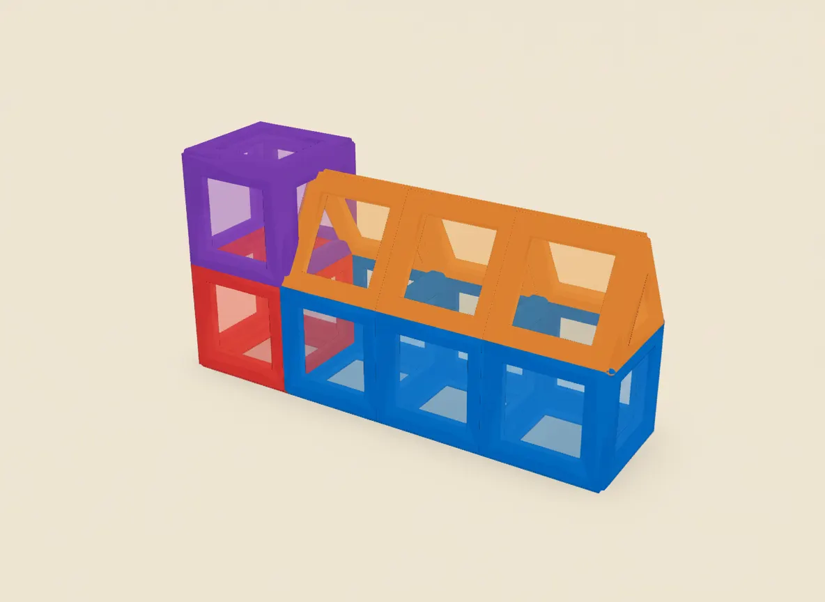 A render of passenger train built from translucent magnetic tiles