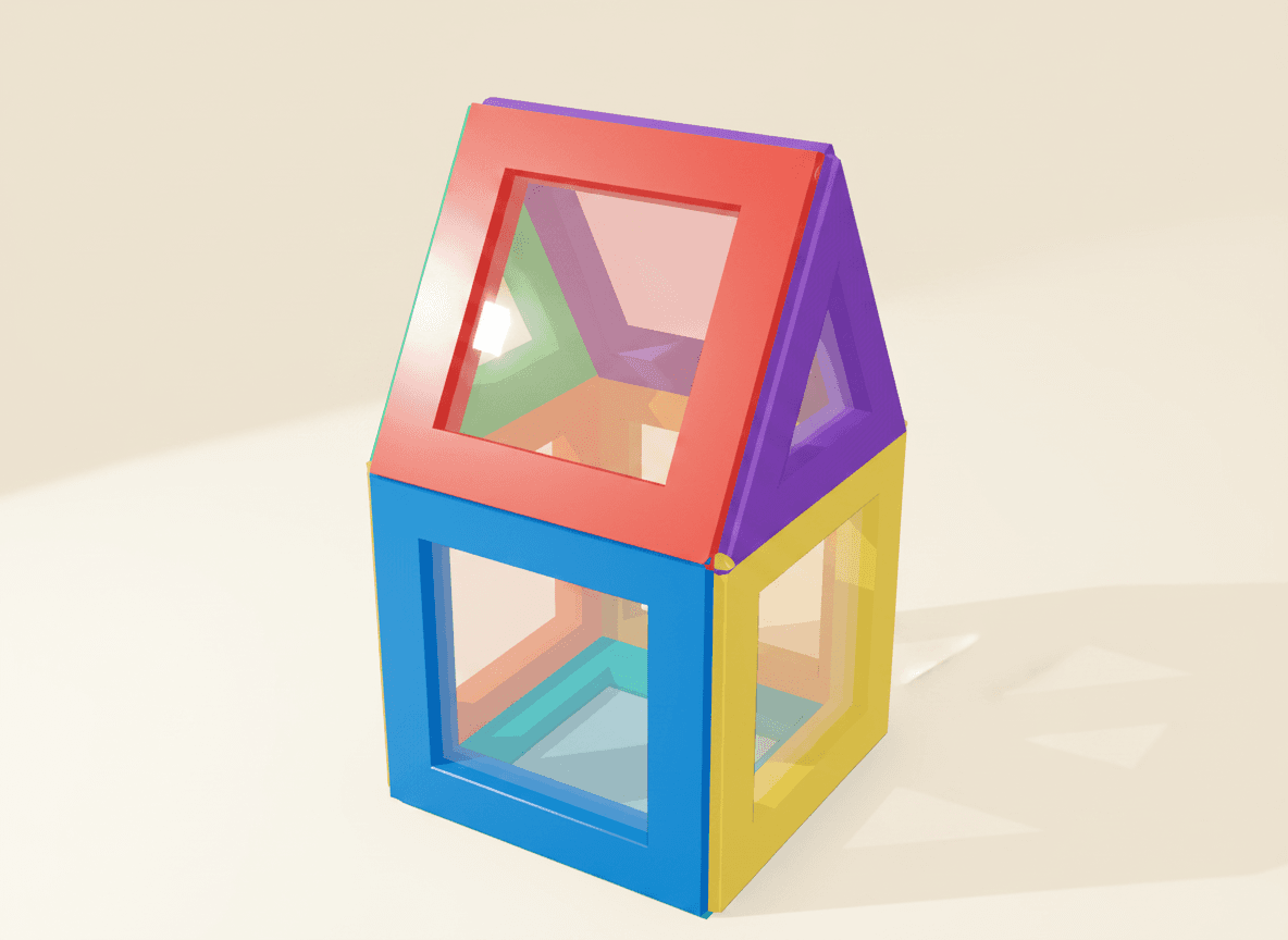 A render of peaked house built from translucent magnetic tiles