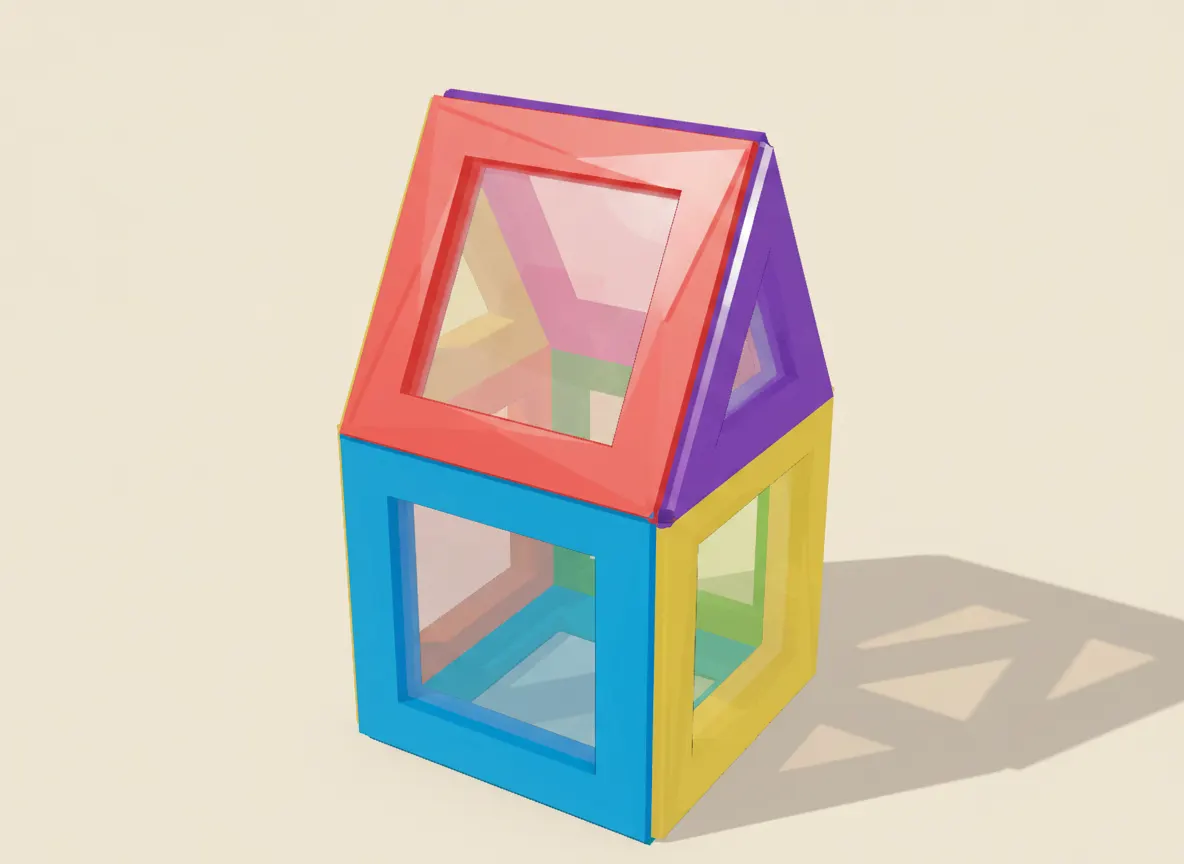 A render of peaked house built from translucent magnetic tiles