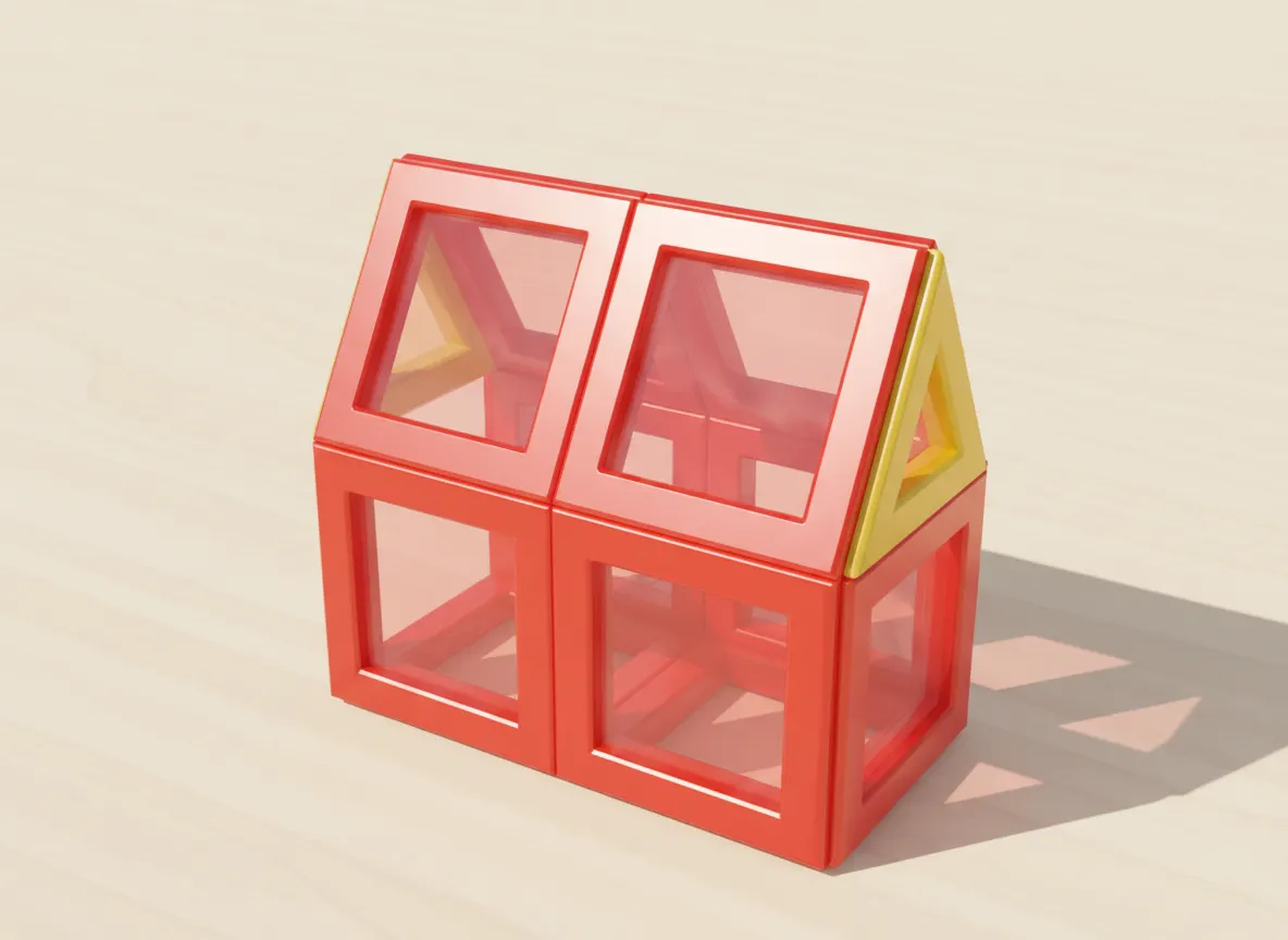 A render of pitched-roof barn built from translucent magnetic tiles