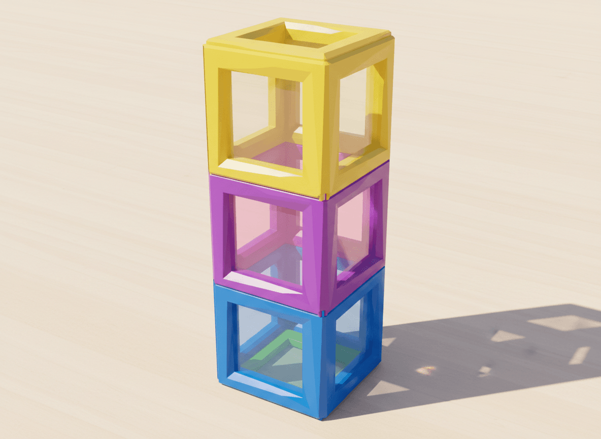 A render of simple tower built from translucent magnetic tiles