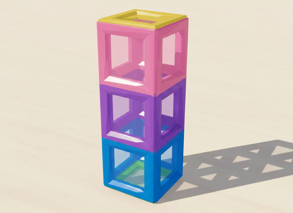 A render of simple tower built from translucent magnetic tiles