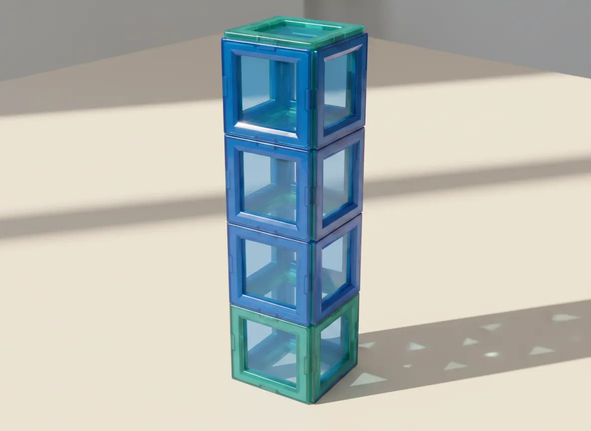 A render of slim glass skyscraper built from translucent magnetic tiles