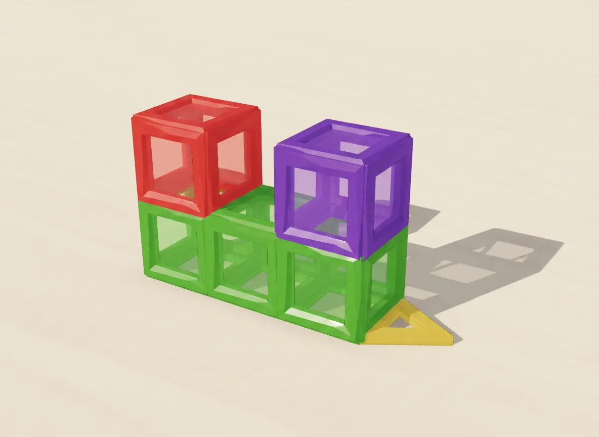 A render of steam engine built from translucent magnetic tiles