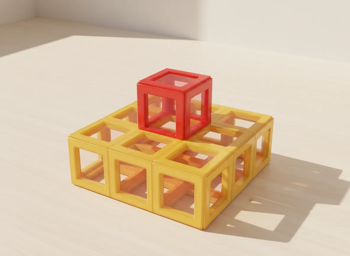 A render of step pyramid temple built from translucent magnetic tiles