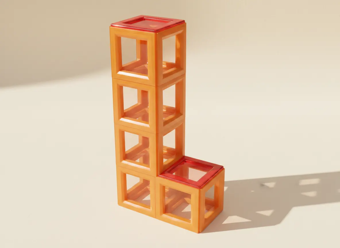 A render of stepped setback tower built from translucent magnetic tiles