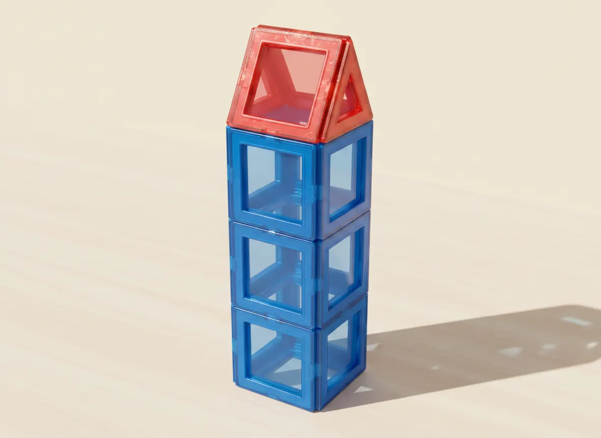 A render of three-stage rocket tower built from translucent magnetic tiles