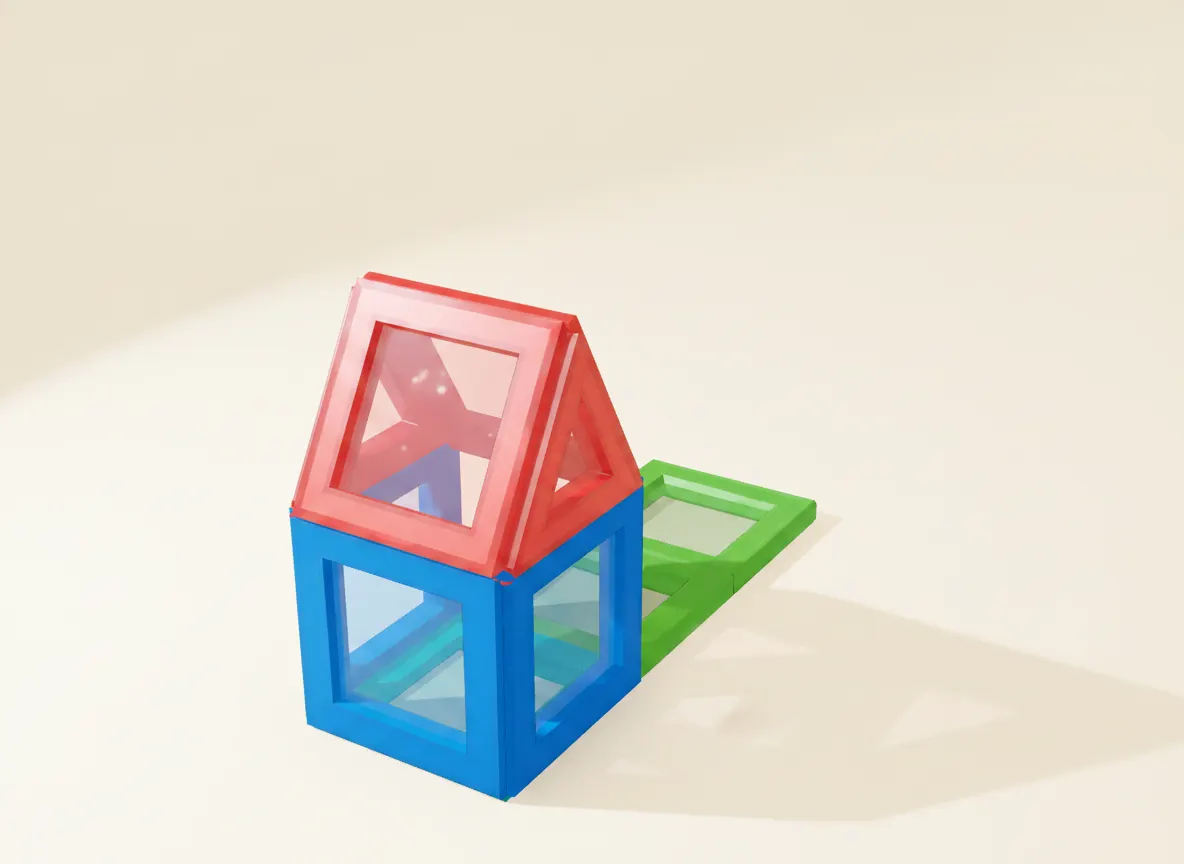A render of tiny cottage built from translucent magnetic tiles