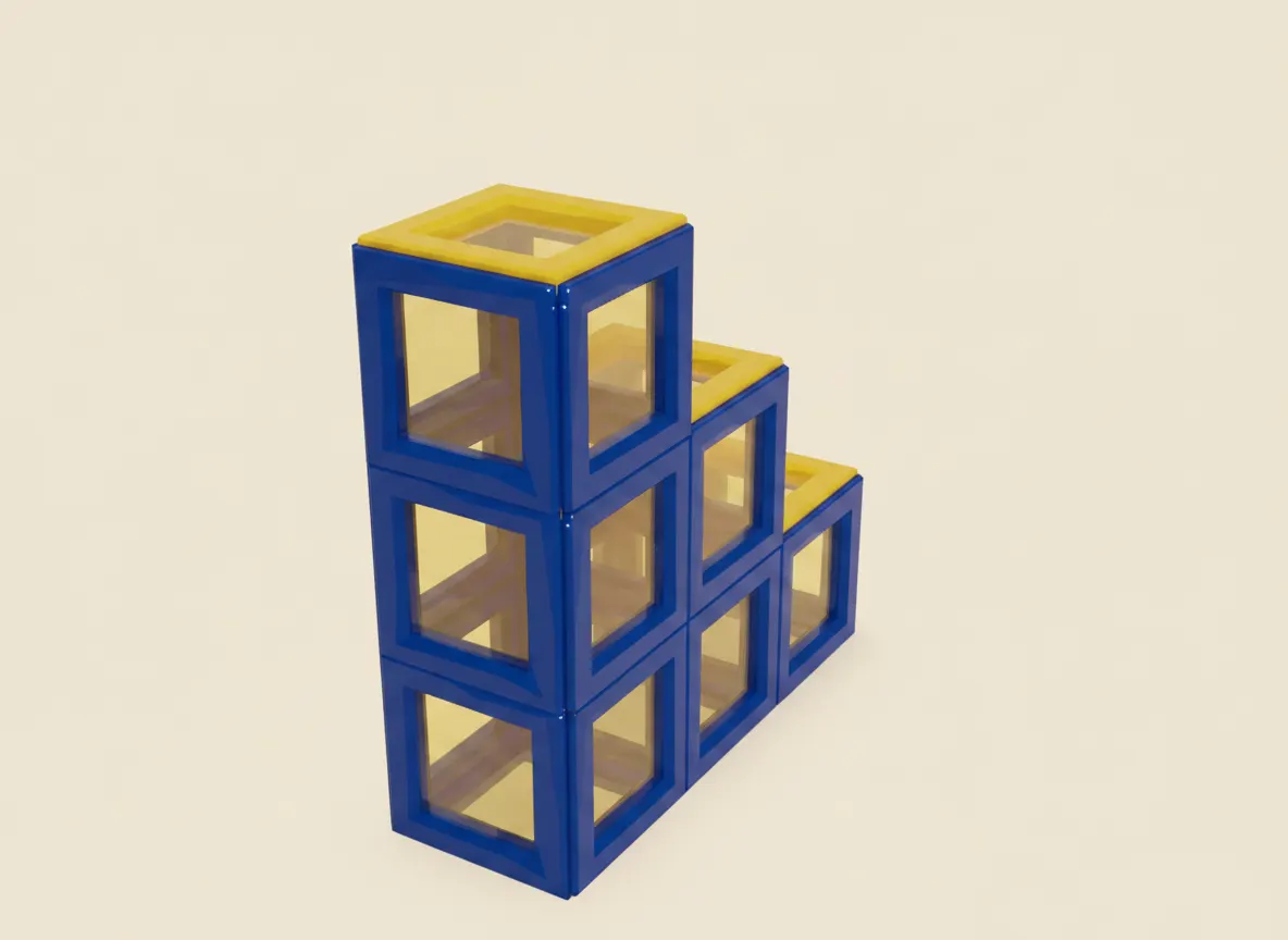A render of magnetic tile staircase built from translucent magnetic tiles