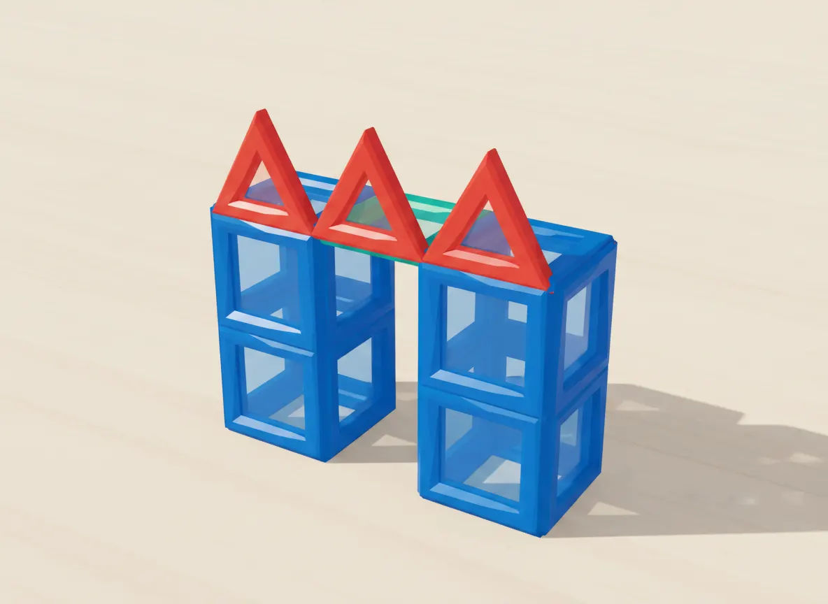 A render of twin turret gatehouse built from translucent magnetic tiles