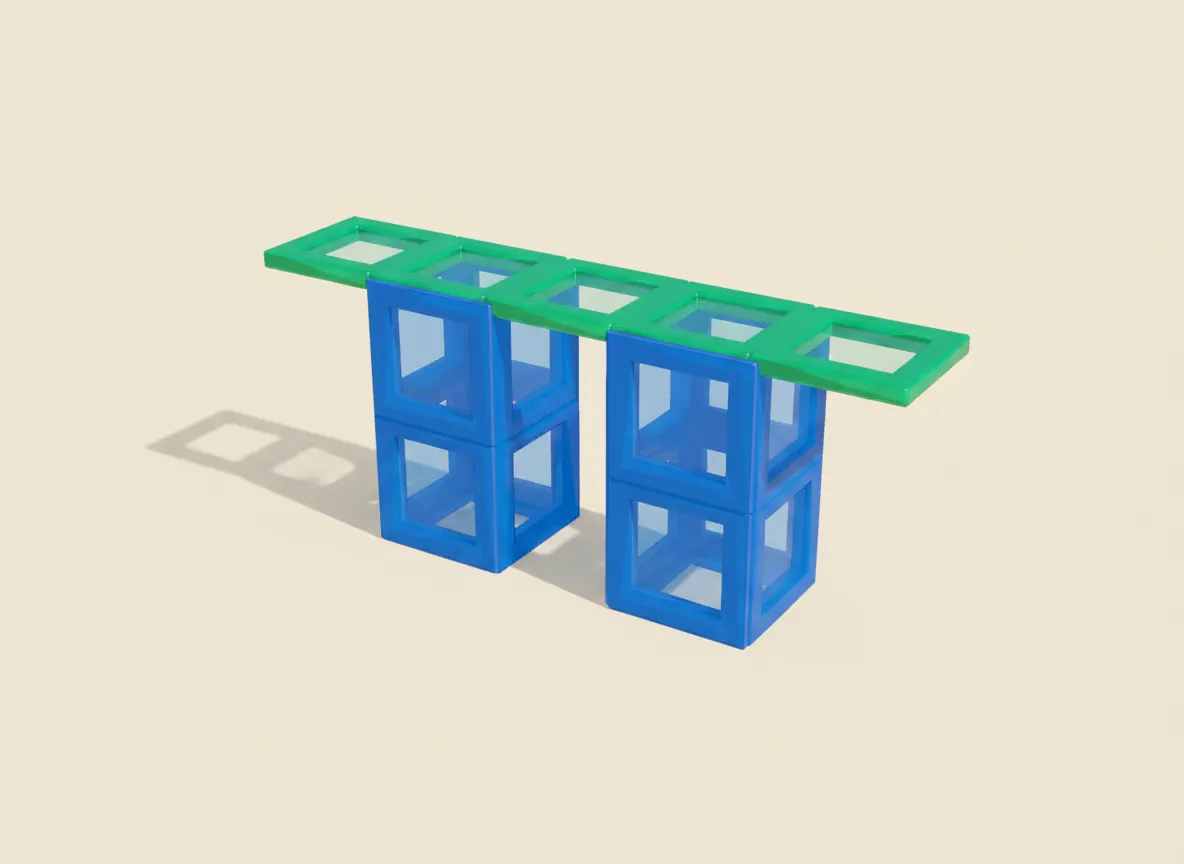 A render of cantilever bridge (two towers) built from translucent magnetic tiles