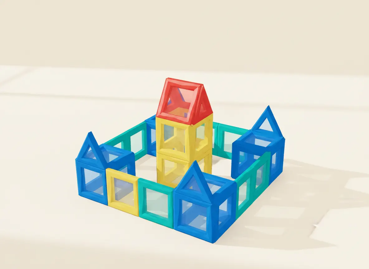 A render of walled castle with towers and a central keep built from translucent magnetic tiles
