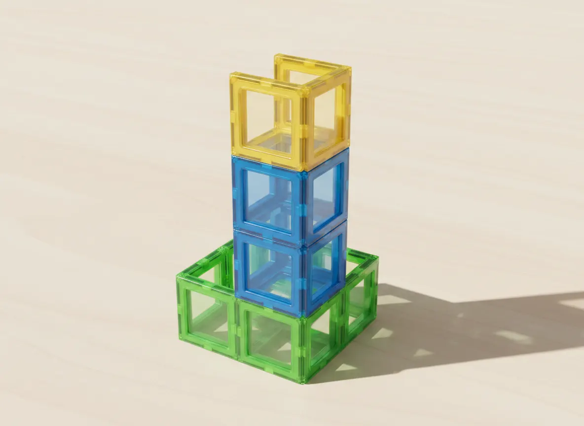 A render of walled watchtower built from translucent magnetic tiles