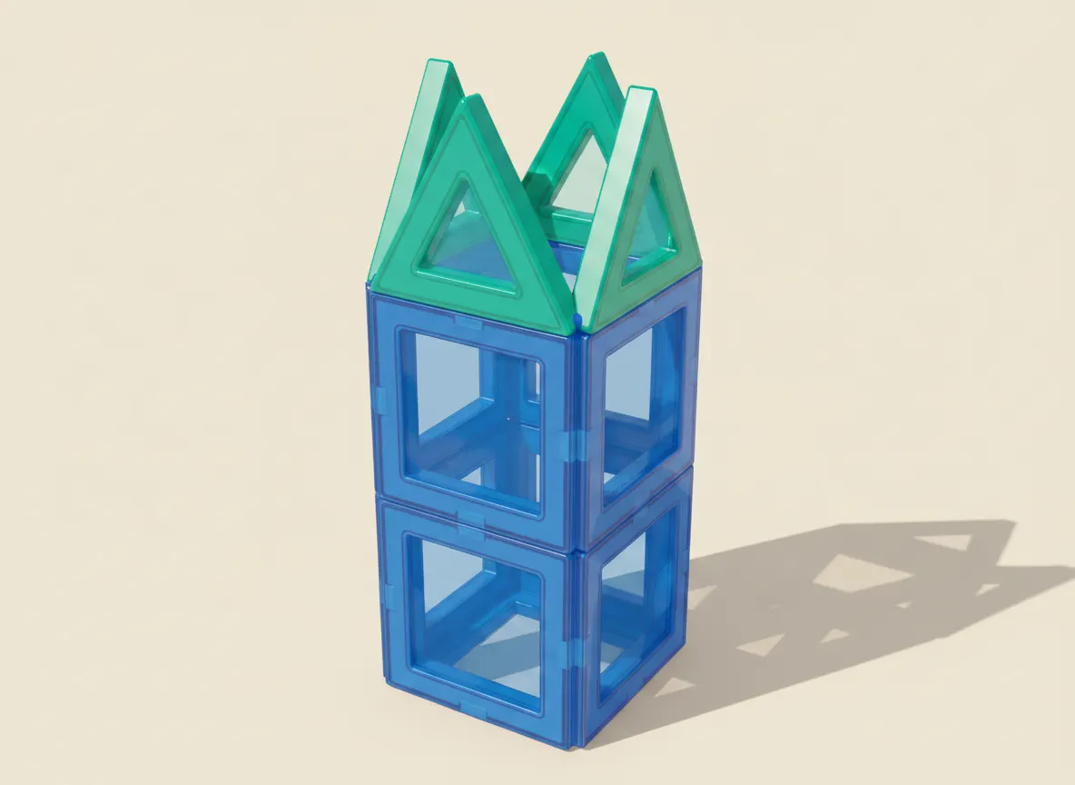 A render of watchtower with a battlement crown built from translucent magnetic tiles