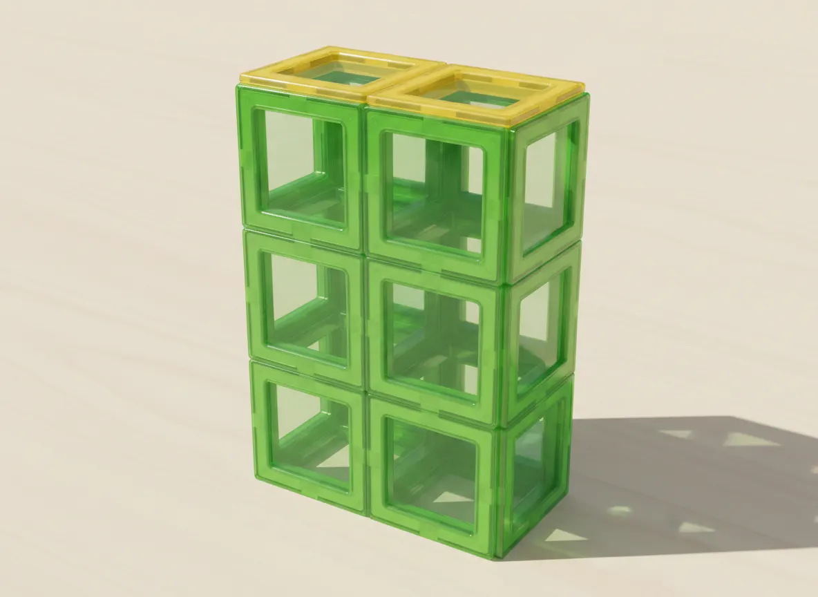A render of wide apartment block built from translucent magnetic tiles