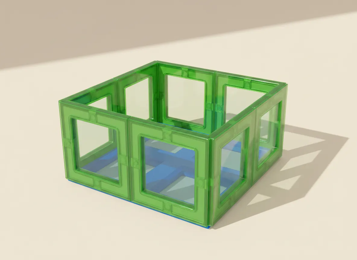 A render of big open well (no roof) built from translucent magnetic tiles