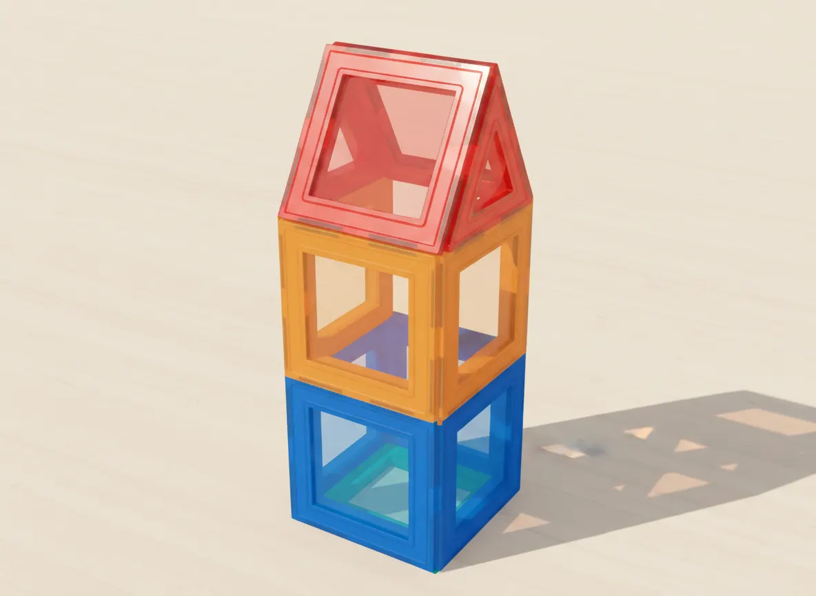 A render of wishing well built from translucent magnetic tiles
